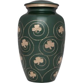 Green Irish Shamrock Cremation Urn - Clover Funeral Urn in Several Colors - Burial Urn for Human Ashes - Detailed Hand Engraving - 100% Brass