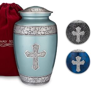 Cross Urn - Urns for Human Ashes Adult - Blue Sacred Cross Memorial Urns for Human Ashes - Decorative Urns - Cremation Urn for Adult Ashes - 200LB Urn for Ashes with Bag