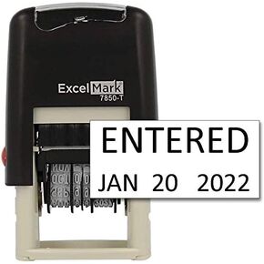 Entered - ExcelMark Self-Inking Rubber Date Stamp - Compact Size - Black Ink