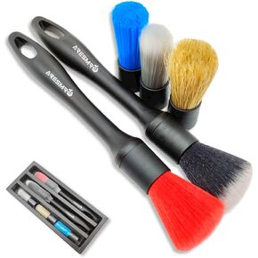 Detailing Brush Set, 3 Pack Car Detailing Brushes for Interior Exterior Dashboard Engine Bay Air Vents Leather Seat Wheel,3 pcs Soft Bristle Brush Heads + 3 Handles + 1 x Conversion Elbow