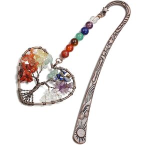 Jovivi 7 Chakra Crystal Bookmark,Antique Copper Metal Bookmark,Handmade Vintage Healing Crystals Heart Tree Life Tumbled Gemstone Pendant Bookmarks Gifts for Women Men Book Lovers
