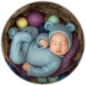 Zeroest Newborn Bear Photography Outfit Girl Boy Bear Hat Photo Picture Props Baby Phootshoot Knit Footed Romper Bonnet 2PCS