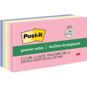 Post-it Greener Notes, 3x5 in, 5 Pads, America's #1 Favorite Sticky Notes, Helsinki Collection, Pastel Colors (Pink, Blue, Mint, Yellow), Clean Removal, 100% Recycled Material (655-RP-A)