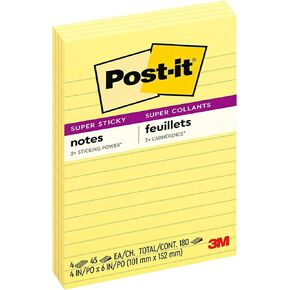 ملاحظات مبطنة فائقة اللصق من Post-it، 4 وسادات ملاحظات لاصقة، 4 × 6 بوصات، اللوازم المدرسية، المنتجات المكتبية، ملاحظات لاصقة للأسطح الرأسية، الشاشات، الجدران والنوافذ، أصفر كناري