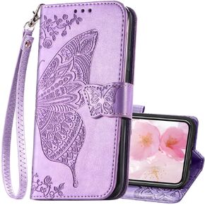 for iPhone 12 Pro/iPhone 12 Wallet Case,Women Flip Folio Cover with Butterfly Embossed PU Leather Kickstand Credit Card Holder Slots Wrist Strap for iPhone 12/12 Pro 6.1 inch (Black)