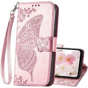 for Galaxy A15 5G Phone Case Wallet,Women Flip Cover with Credit Card Holders Butterfly Embossed PU Leather Stand Wrist Strap Purse Case for Samsung A15 5G (Black)