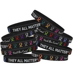 They All Matter Find The Cure Silicone Wristband Bracelets for All Cancers Awareness - 10 Pack (Black)