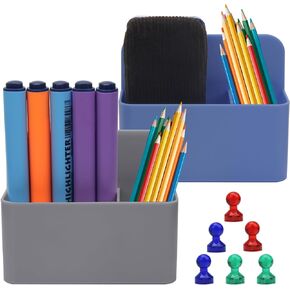 2Pcs Magnetic Dry Erase Marker Holder, Strong Magnetic Marker Holder with 6 Colorful Magnet Nails, Magnet Pen Holder for Whiteboard Magnetic Marker Holder (Yellow/Blue)