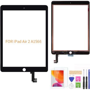 لـ IPad Air 2 A1566 A1567 استبدال محول الأرقام لشاشة اللمس (شاشة LCD غير متضمنة، لا يوجد زر الصفحة الرئيسية) مع واقي الشاشة + أدوات إصلاح (أسود)