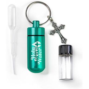 TREE OF LIFE REV. 22:14 Catholic Holy Water Bottle, Turquoise Keychain Container Kit with Plastic Eyedropper & Glass Vial