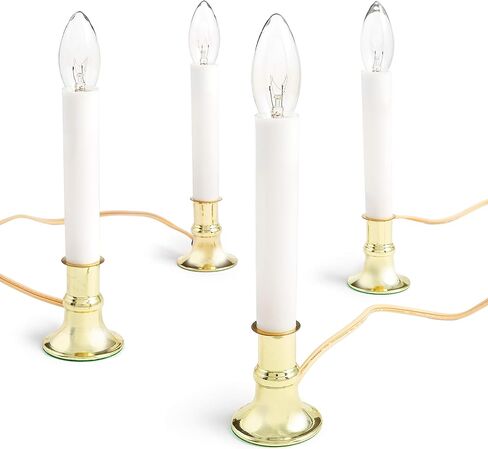 مصباح شمعة كهربائي بقاعدة مطلية بالنحاس، مجموعة من 4 شمعدانات مع مفتاح تشغيل/إيقاف ومصباح 7 وات | أضواء الترحيب الاستعمارية مقاس 9 بوصات للنوافذ والعطلات، باللون الأبيض in Kuwait