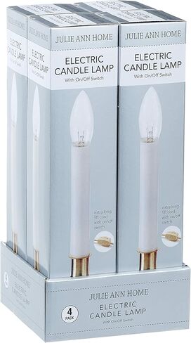 مصباح شمعة كهربائي بقاعدة مطلية بالنحاس، مجموعة من 4 شمعدانات مع مفتاح تشغيل/إيقاف ومصباح 7 وات | أضواء الترحيب الاستعمارية مقاس 9 بوصات للنوافذ والعطلات، باللون الأبيض in Kuwait