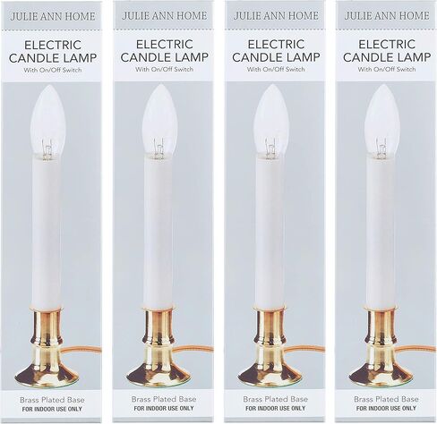 مصباح شمعة كهربائي بقاعدة مطلية بالنحاس، مجموعة من 4 شمعدانات مع مفتاح تشغيل/إيقاف ومصباح 7 وات | أضواء الترحيب الاستعمارية مقاس 9 بوصات للنوافذ والعطلات، باللون الأبيض in Kuwait