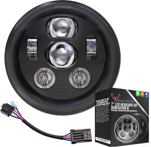 Eagle Lights 8700BG3R مصباح أمامي LED مقاس 7 بوصات لدراجات Harley Davidson والدراجات النارية الهندية - الجيل الثالث/طقم أسود/إضافة حلقة محول in Saudi Arabia