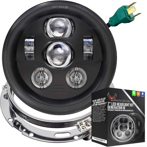 Eagle Lights 8700BG3R مصباح أمامي LED مقاس 7 بوصات لدراجات Harley Davidson والدراجات النارية الهندية - الجيل الثالث/طقم أسود/إضافة حلقة محول in Saudi Arabia