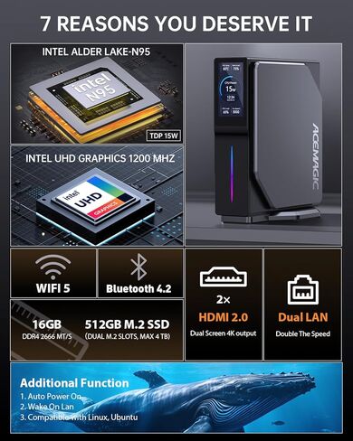 كمبيوتر S1 صغير مع شاشة LCD DIY، Intel Alder Lake N95 (يصل إلى 3.4 جيجا هرتز)، 16 جيجا DDR4 512 جيجا بايت M.2 SSD Mini Tower PC، WiFi 5/BT 4.2/4K UHD/Dual LAN in Kuwait