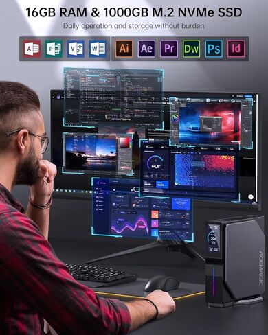 كمبيوتر S1 صغير مع شاشة LCD DIY، Intel Alder Lake N95 (يصل إلى 3.4 جيجا هرتز)، 16 جيجا DDR4 512 جيجا بايت M.2 SSD Mini Tower PC، WiFi 5/BT 4.2/4K UHD/Dual LAN in Kuwait