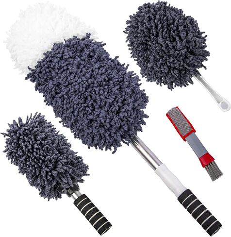 4 قطع من فرشاة غبار السيارة المصنوعة من الألياف الدقيقة فائقة النعومة لتنظيف السيارة والشاحنة وسيارات الدفع الرباعي والمركبات الترفيهية والدراجات النارية، منفضة غبار السيارة بمقبض قابل للتمديد، أداة تنظيف فرشاة تنظيف الكمبيوتر والمنزل والكمبيوتر in Kuwait