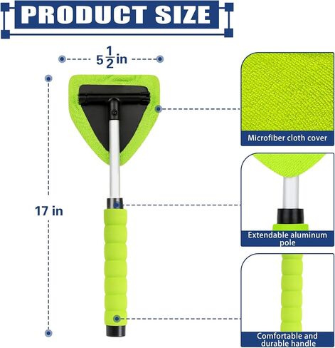 أداة تنظيف الزجاج الأمامي من تيدي مونستر، منظف نوافذ السيارة من الألياف الدقيقة مع 4 وسادات من الألياف الدقيقة قابلة لإعادة الاستخدام والغسل ومقبض قابل للتمديد، أداة تنظيف الزجاج الأمامي متعددة الوظائف (أخضر) in Kuwait