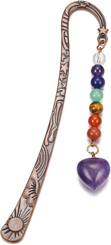 Jovivi Crystal Heart Bookmark for Women Antique Copper Metal Bookmark Natural 7 Chakra Beads Amethyst Healing Stone Vintage Bookmarks for Student Office Birthday Gifts in Saudi Arabia