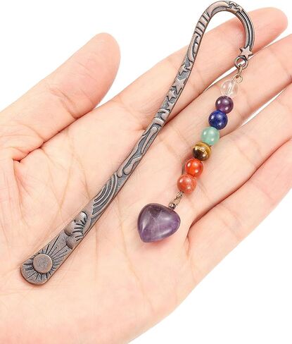 Jovivi Crystal Heart Bookmark for Women Antique Copper Metal Bookmark Natural 7 Chakra Beads Amethyst Healing Stone Vintage Bookmarks for Student Office Birthday Gifts in Saudi Arabia