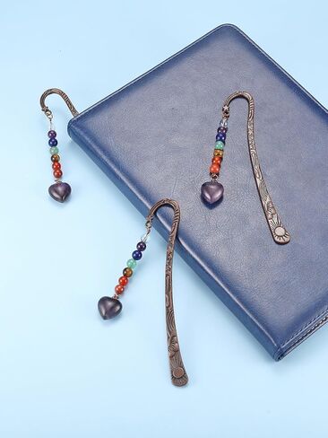 Jovivi Crystal Heart Bookmark for Women Antique Copper Metal Bookmark Natural 7 Chakra Beads Amethyst Healing Stone Vintage Bookmarks for Student Office Birthday Gifts in Saudi Arabia
