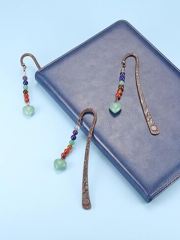 Jovivi Crystal Heart Bookmark for Women Antique Copper Metal Bookmark Natural 7 Chakra Beads Amethyst Healing Stone Vintage Bookmarks for Student Office Birthday Gifts in Saudi Arabia