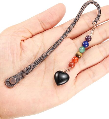 Jovivi Crystal Heart Bookmark for Women Antique Copper Metal Bookmark Natural 7 Chakra Beads Amethyst Healing Stone Vintage Bookmarks for Student Office Birthday Gifts in Saudi Arabia
