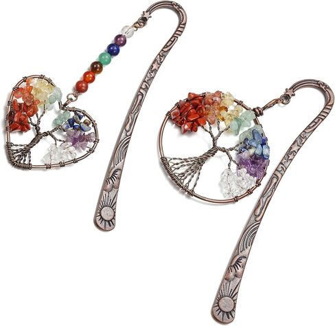 Jovivi 7 Chakra Crystal Bookmark,Antique Copper Metal Bookmark,Handmade Vintage Healing Crystals Heart Tree Life Tumbled Gemstone Pendant Bookmarks Gifts for Women Men Book Lovers in Kuwait