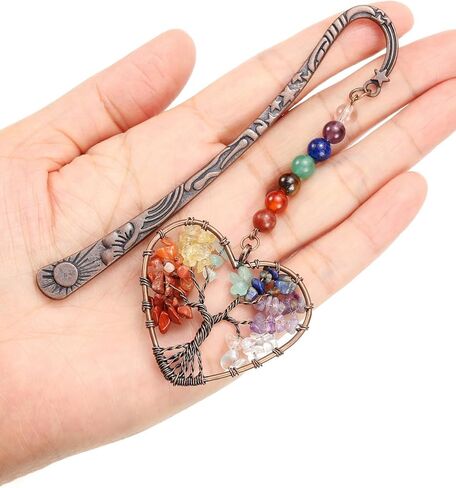 Jovivi 7 Chakra Crystal Bookmark,Antique Copper Metal Bookmark,Handmade Vintage Healing Crystals Heart Tree Life Tumbled Gemstone Pendant Bookmarks Gifts for Women Men Book Lovers in Kuwait