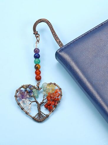 Jovivi 7 Chakra Crystal Bookmark,Antique Copper Metal Bookmark,Handmade Vintage Healing Crystals Heart Tree Life Tumbled Gemstone Pendant Bookmarks Gifts for Women Men Book Lovers in Kuwait