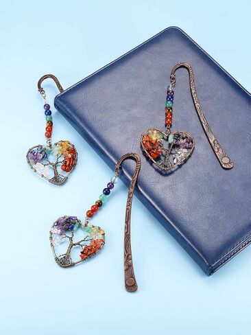 Jovivi 7 Chakra Crystal Bookmark,Antique Copper Metal Bookmark,Handmade Vintage Healing Crystals Heart Tree Life Tumbled Gemstone Pendant Bookmarks Gifts for Women Men Book Lovers in Kuwait