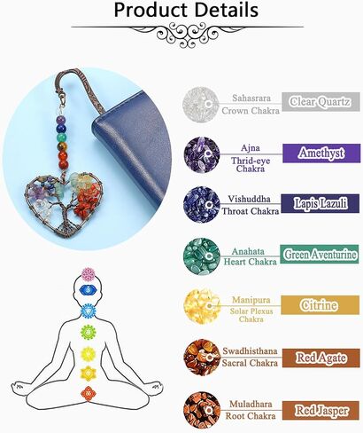Jovivi 7 Chakra Crystal Bookmark,Antique Copper Metal Bookmark,Handmade Vintage Healing Crystals Heart Tree Life Tumbled Gemstone Pendant Bookmarks Gifts for Women Men Book Lovers in Kuwait