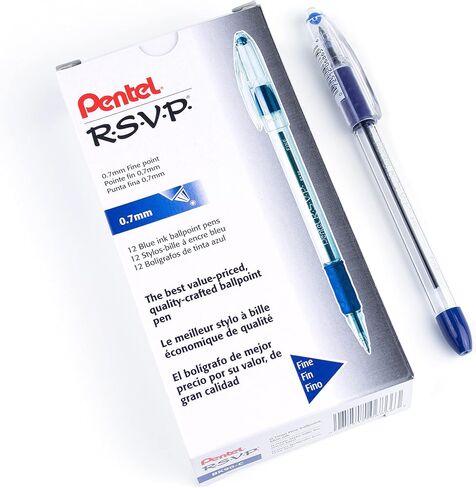 أقلام حبر جاف Pentel® R.S.V.P.®، ذات رأس رفيع، 0.7 مم، أسطوانة شفافة، حبر أزرق، عبوة من 12 قطعة in Saudi Arabia