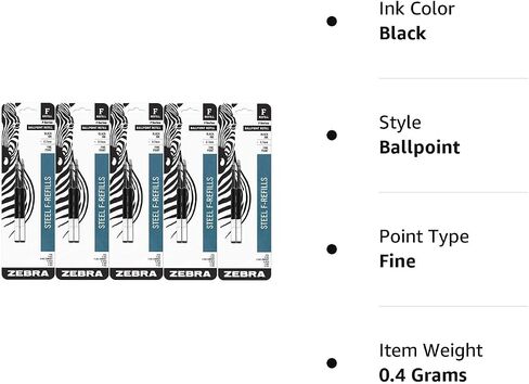 عبوة إعادة تعبئة قلم حبر جاف من الفولاذ المقاوم للصدأ Zebra F-Series، نقطة دقيقة، 0.7 مم، حبر أسود، عدد 10 in Kuwait