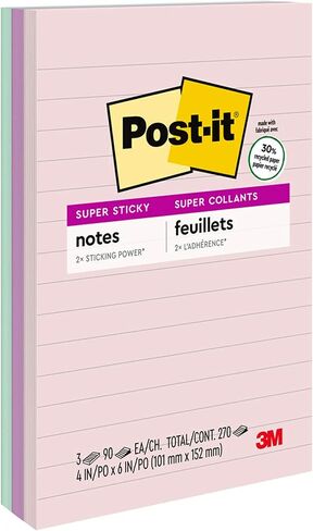 Post-it Super Sticky Recycled Notes, 4x6 in, 3 Pads, 2x the Sticking Power, Wanderlust Collection, Pastel Colors, 30% Recycled Paper (660-3SSNRP) in Saudi Arabia
