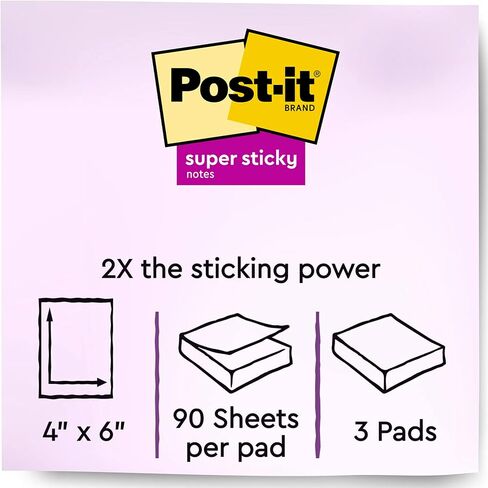 Post-it Super Sticky Recycled Notes, 4x6 in, 3 Pads, 2x the Sticking Power, Wanderlust Collection, Pastel Colors, 30% Recycled Paper (660-3SSNRP) in Saudi Arabia
