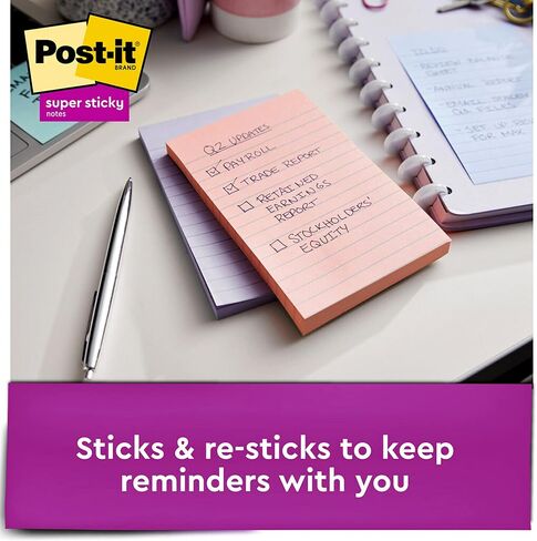 Post-it Super Sticky Recycled Notes, 4x6 in, 3 Pads, 2x the Sticking Power, Wanderlust Collection, Pastel Colors, 30% Recycled Paper (660-3SSNRP) in Saudi Arabia