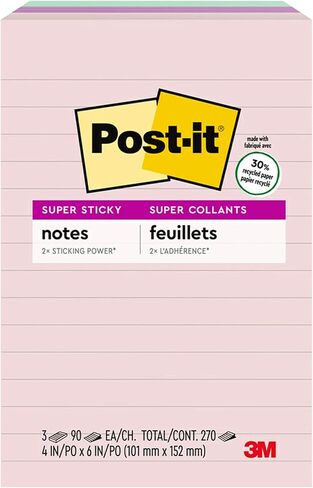 Post-it Super Sticky Recycled Notes, 4x6 in, 3 Pads, 2x the Sticking Power, Wanderlust Collection, Pastel Colors, 30% Recycled Paper (660-3SSNRP) in Saudi Arabia