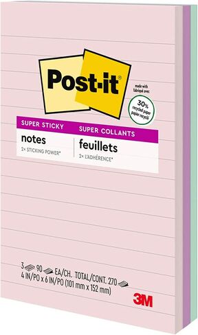 Post-it Super Sticky Recycled Notes, 4x6 in, 3 Pads, 2x the Sticking Power, Wanderlust Collection, Pastel Colors, 30% Recycled Paper (660-3SSNRP) in Saudi Arabia