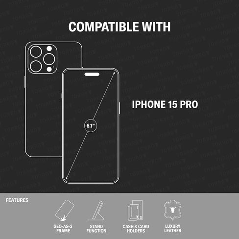 حافظة جلدية TORRO متوافقة مع هاتف iPhone 15 Pro - حافظة محفظة جلدية فاخرة مع مسند وفتحات للبطاقات - أسود in Kuwait