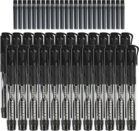 علامات المسح الجاف الكبيرة القابلة لإعادة الملء، عدد 24 قلم تحديد للسبورة البيضاء مع 24 قلم إعادة تعبئة، طرف إزميل، حبر أسود in Kuwait