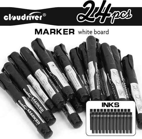 علامات المسح الجاف الكبيرة القابلة لإعادة الملء، عدد 24 قلم تحديد للسبورة البيضاء مع 24 قلم إعادة تعبئة، طرف إزميل، حبر أسود in Kuwait