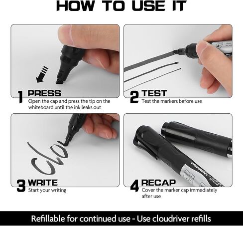 علامات المسح الجاف الكبيرة القابلة لإعادة الملء، عدد 24 قلم تحديد للسبورة البيضاء مع 24 قلم إعادة تعبئة، طرف إزميل، حبر أسود in Kuwait