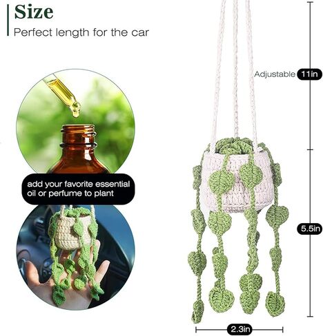 لطيف الكروشيه النبات مرآة السيارة شنقا الملحقات، بوهو اليدوية مرآة الرؤية الخلفية الملحقات للنساء، سيارة خضراء الداخلية الجمالية ديكور شاحنة شماعات حلية سحر للرجال in Kuwait