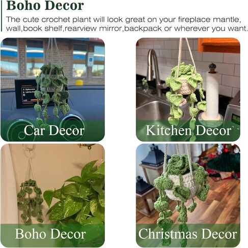 لطيف الكروشيه النبات مرآة السيارة شنقا الملحقات، بوهو اليدوية مرآة الرؤية الخلفية الملحقات للنساء، سيارة خضراء الداخلية الجمالية ديكور شاحنة شماعات حلية سحر للرجال in Kuwait