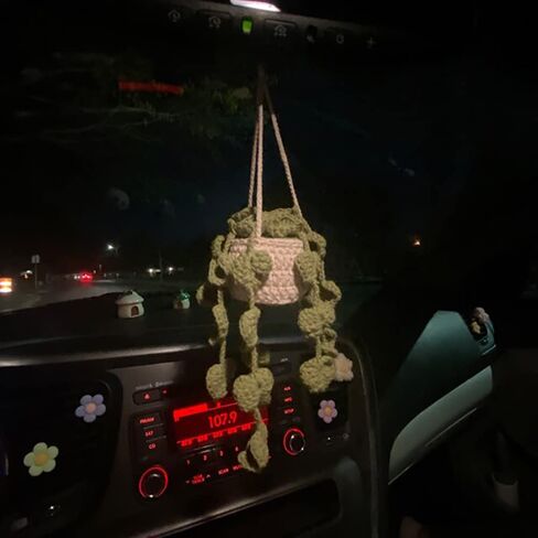 لطيف الكروشيه النبات مرآة السيارة شنقا الملحقات، بوهو اليدوية مرآة الرؤية الخلفية الملحقات للنساء، سيارة خضراء الداخلية الجمالية ديكور شاحنة شماعات حلية سحر للرجال in Kuwait