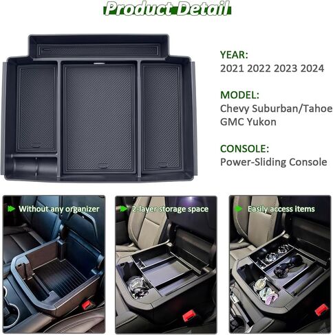 TOPINSTALL Power-Sliding Console Tray Compatible with 2021-2024 Chevy Tahoe/Suburban/GMC Yukon Accessories, Match The Inside Shape of Sliding Console Perfectly, Full-Size Armrest Organizer-Black in Kuwait