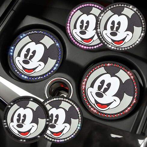 2PCS Silicone Car Cup Holder Coasters, Cute Cartoon Mouse Design, Anti-Slip, Black Car Accessories with Diamond, 2.75", Durable & Easy-Clean for Vehicles & Home (Black) in Saudi Arabia