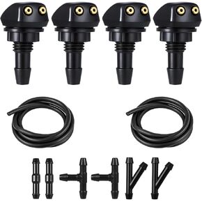Front Windshield Washer Nozzles Kit 4 Pcs Washer Nozzle 2M Fluid Hose 6 Pcs Hose Connectors Wiper Spray Replacement Wash Nozzles for Most Cars Windshield Fluid Tubing